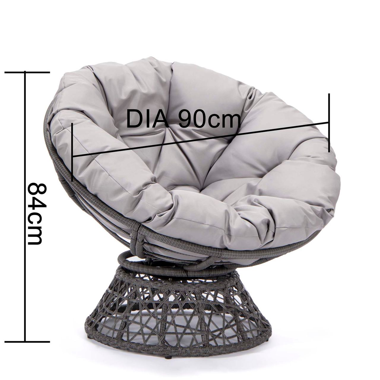 PureHaven Lounge Sessel 92x80x80,5 cm aus Rattan Rundkissen drehbar 360 Grad pflegeleicht elegantes Design verstellbare Kunststofffüßchen Grau/Grau