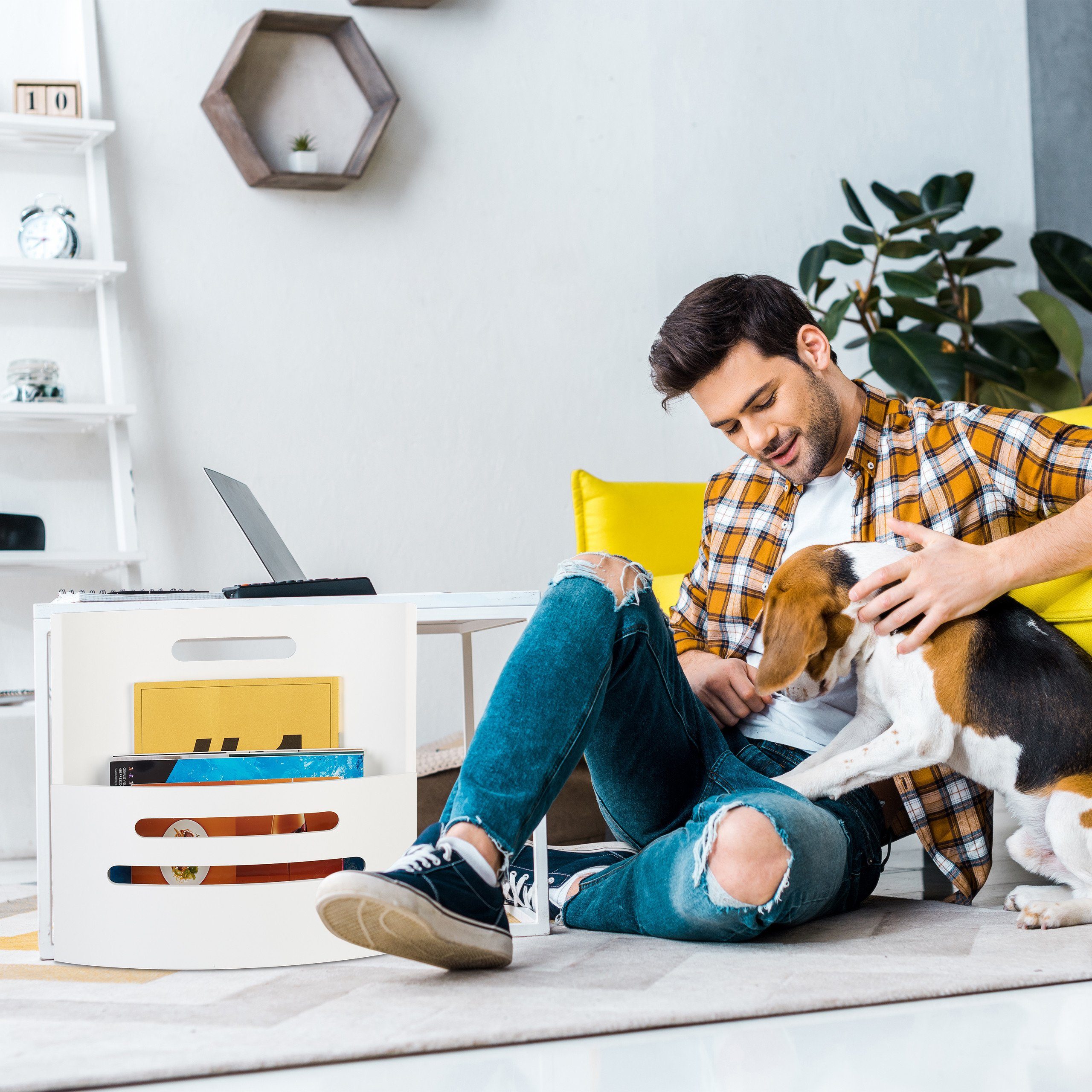 relaxdays Zeitungsständer Weißer Zeitungsständer aus Holz