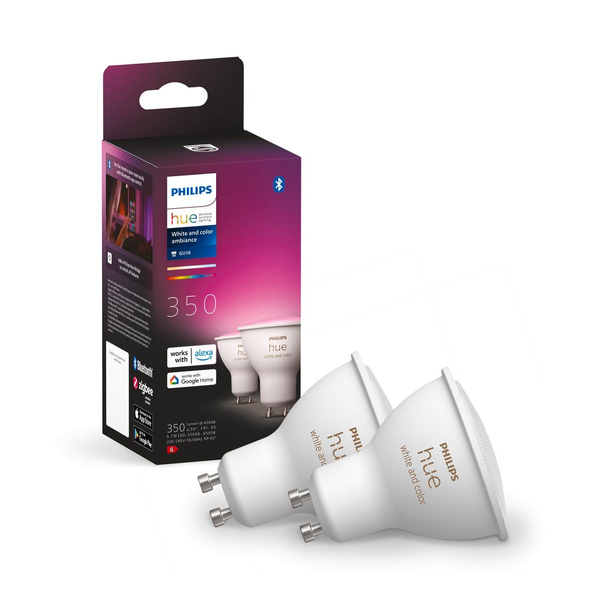 Philips Hue LED-Leuchtmittel Smarte Weiß & Farbig LED Leuchtmittel GU10, GU10, Farbwechsler, Warmweiß