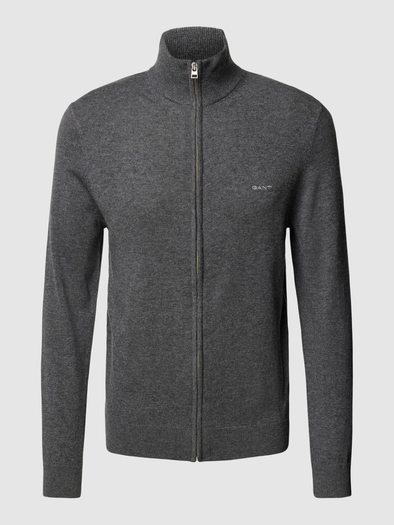 Strickjacke aus Lammwoll-Mix mit Stehkragen und Label-Stitching in anthrazit meliert