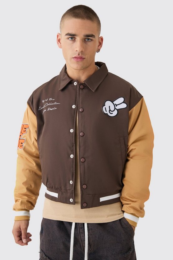 Kastige Twill Jacke mit Kragen und Stickerei