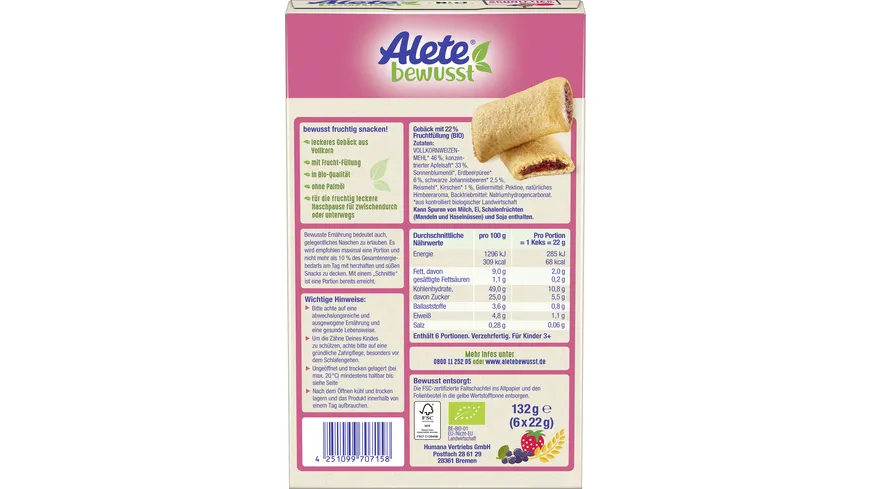Alete Bio Schnitties Vollkorn & Rote Früchte 132 g