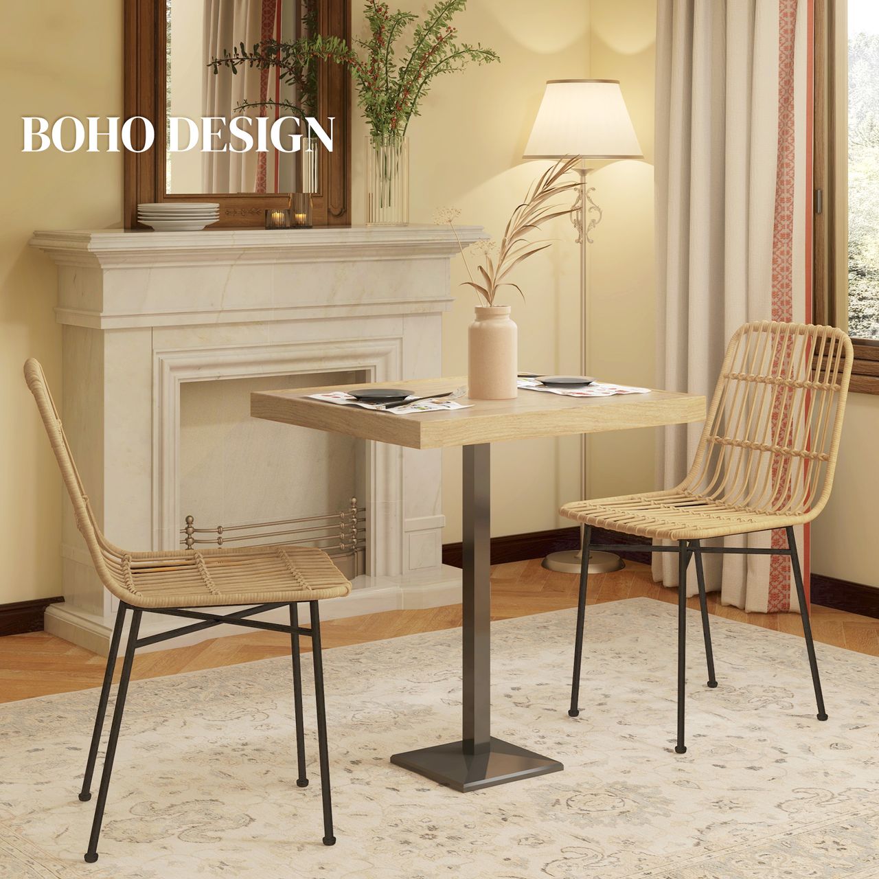 HOMCOM Barhocker 2er-Set, Barstuhl mit Rückenlehne aus PE-Rattan, Gelb