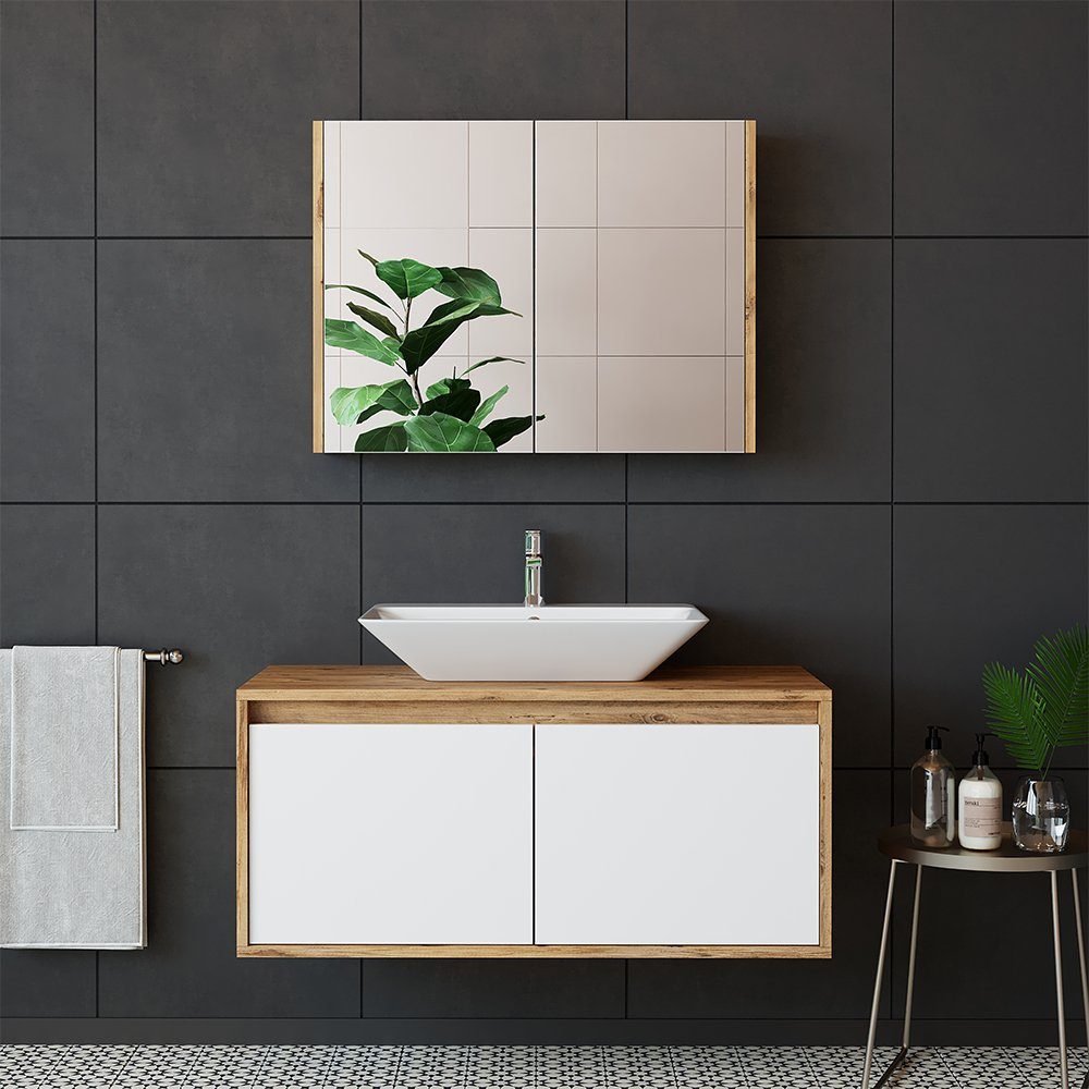 Roomart Badmöbel-Set, (Badmöbel Set 3-teilig 100cm Unterschrank mit Waschbecken Spiegelscrank)
