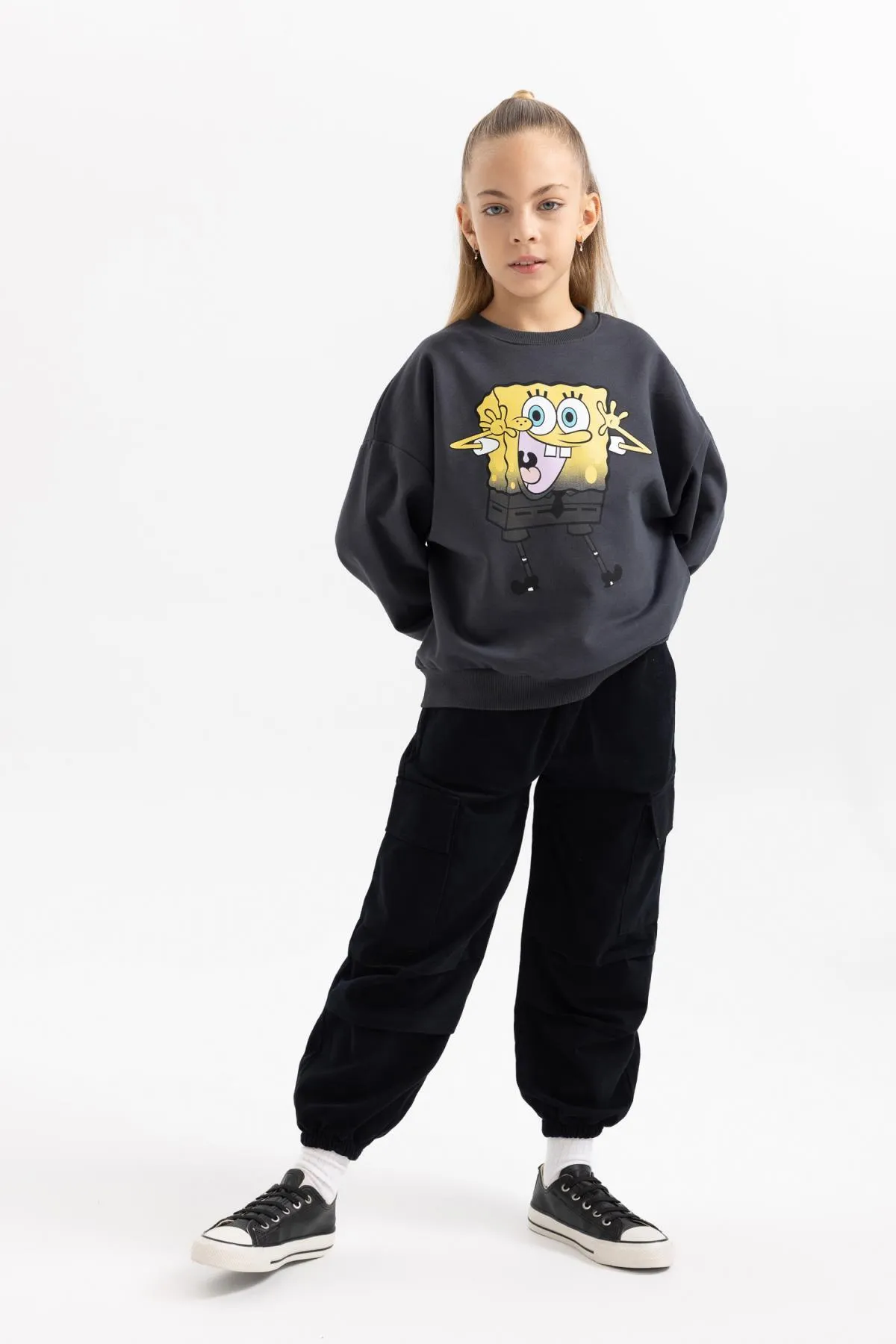 DeFacto  Spongebob Sweatshirt für Mädchen, Übergröße, Rundhalsausschnitt, weicher, pelziger, dicker Pullover innen B5732a823wn