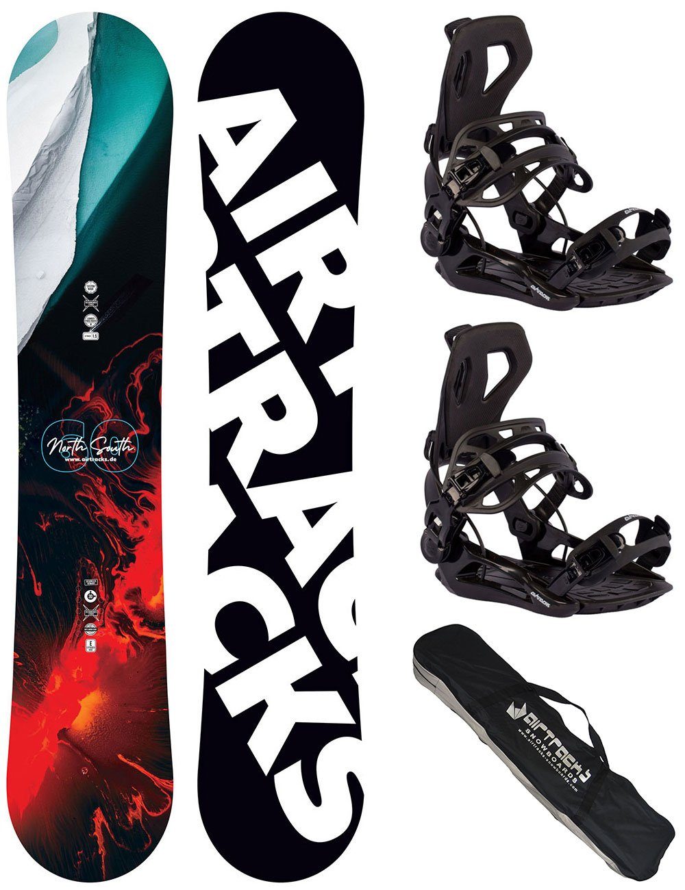 Airtracks Snowboard Snowboard Set North South Four (3er Pack, Snowboard North South Four + Bindung Master + Sb Bag), / 150 157 159 162 cm
