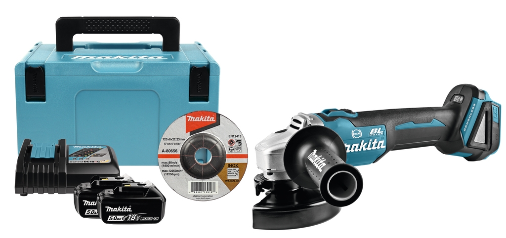 Makita DGA506RTJ 18 V 5.0 Ah ličio jonų kampinis šlifuoklis 125 mm su variklio stabdžiu