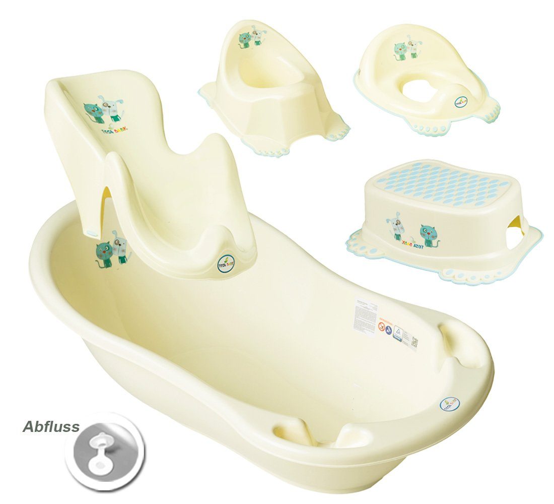 Tega-Baby Babybadewanne 5 TEILE Set DOG & CAT Gelb - Babybadeset Wanne 84 cm Pflege Baden, (Made in Europe Premium.set), ** Wanne + Badesitz +Topf + Wc Aufsatz + Hocker **