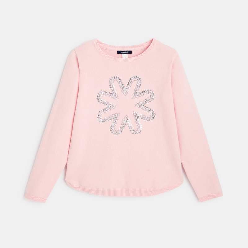 Pull fin à sequins brodés motif fleur rose fille