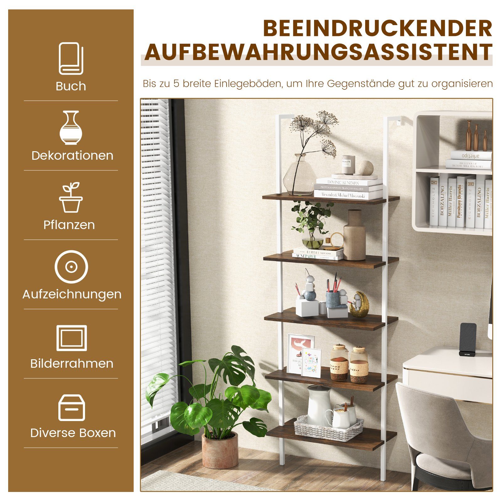 COSTWAY Leiterregal 5 Ebene Bücherregal, mit Metallrahmen, 180cm