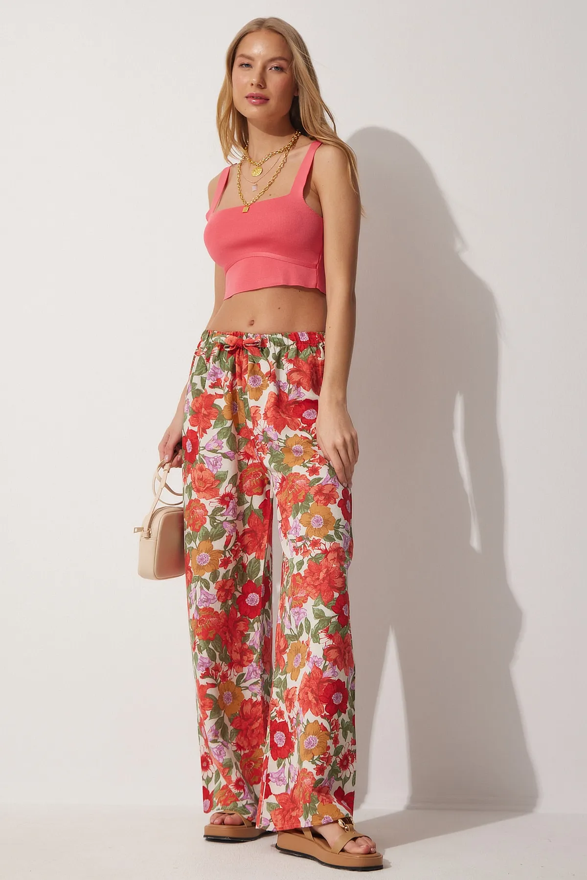 Happiness İstanbul  Grün-orange geblümte Leinen-Palazzo-Hose für Damen BH00385