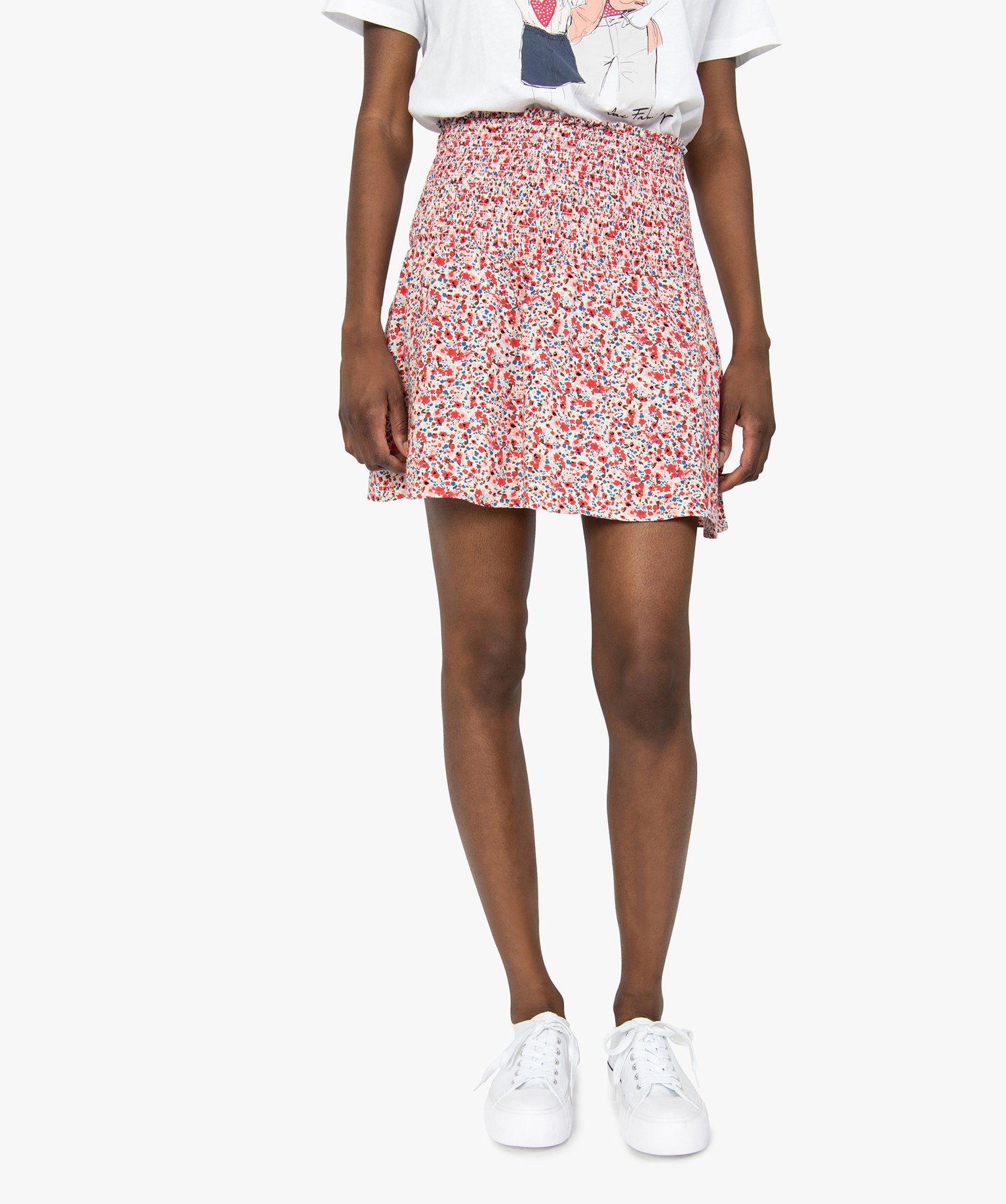 Jupe femme à motifs fleuris et large taille smockée imprime | GEMO