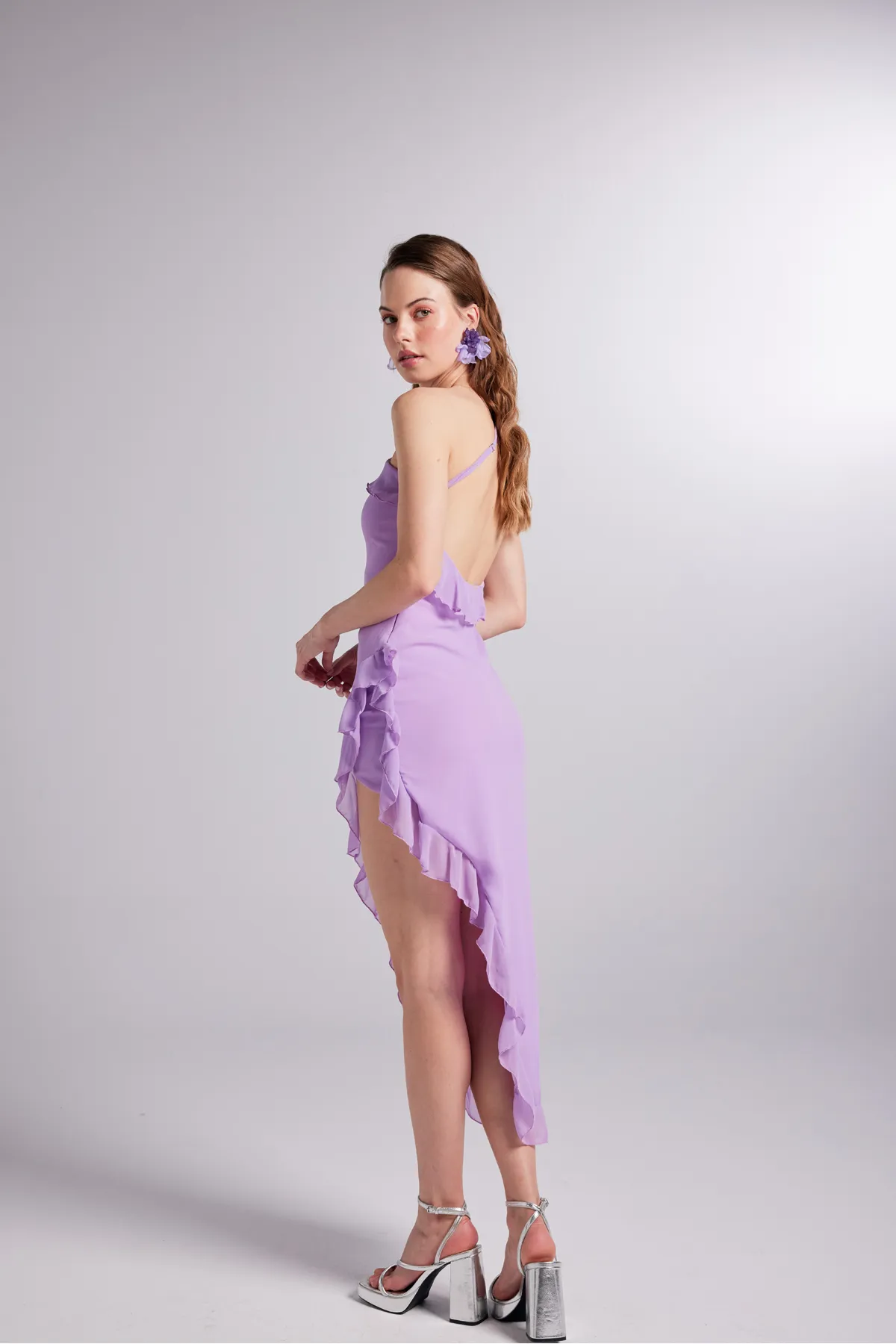 HOLLY LOLLY  One-Shoulder-Rüschendetailliertes Chiffon-Liebeskleid Flieder