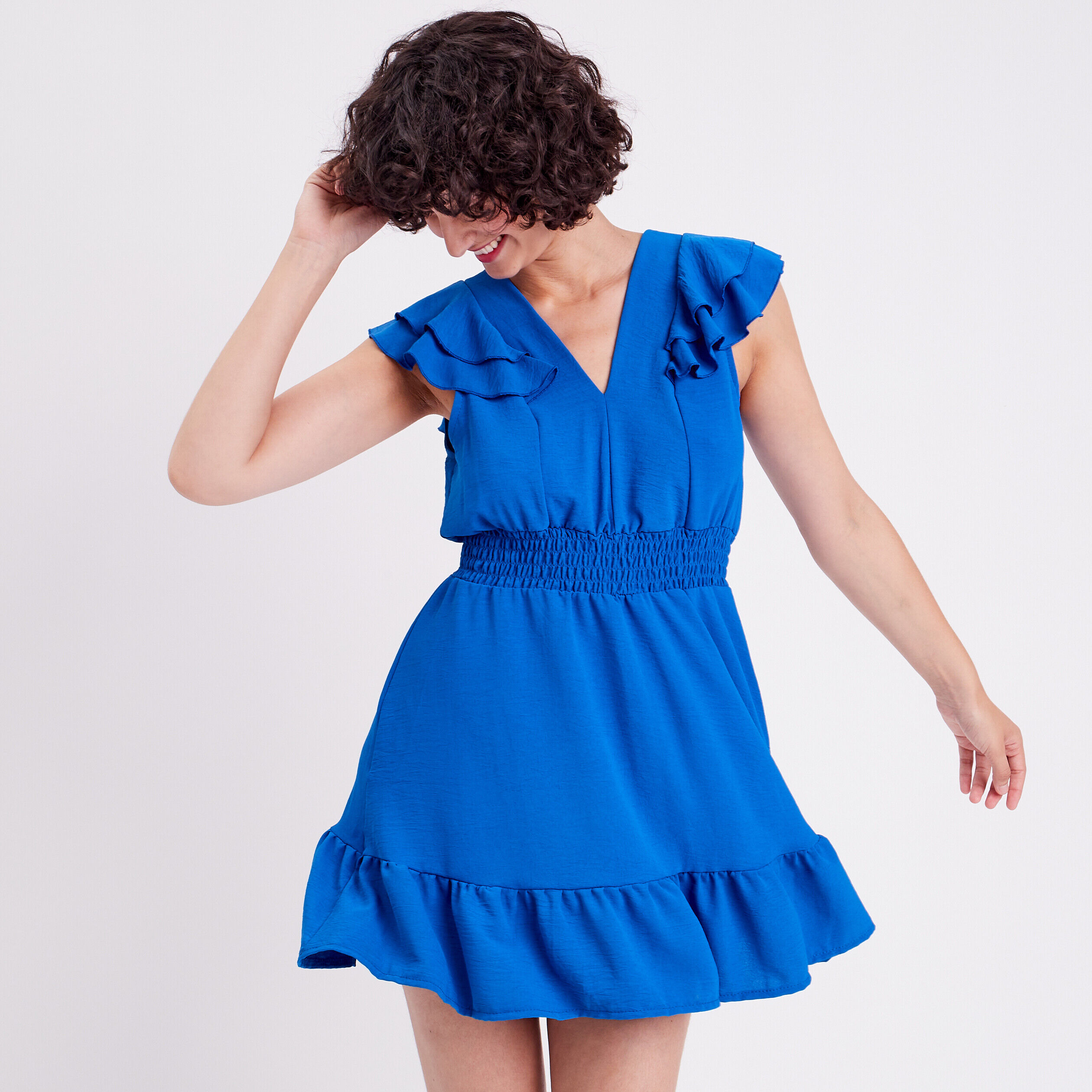 Robe évasée avec volants bleu roi femme | Cache Cache