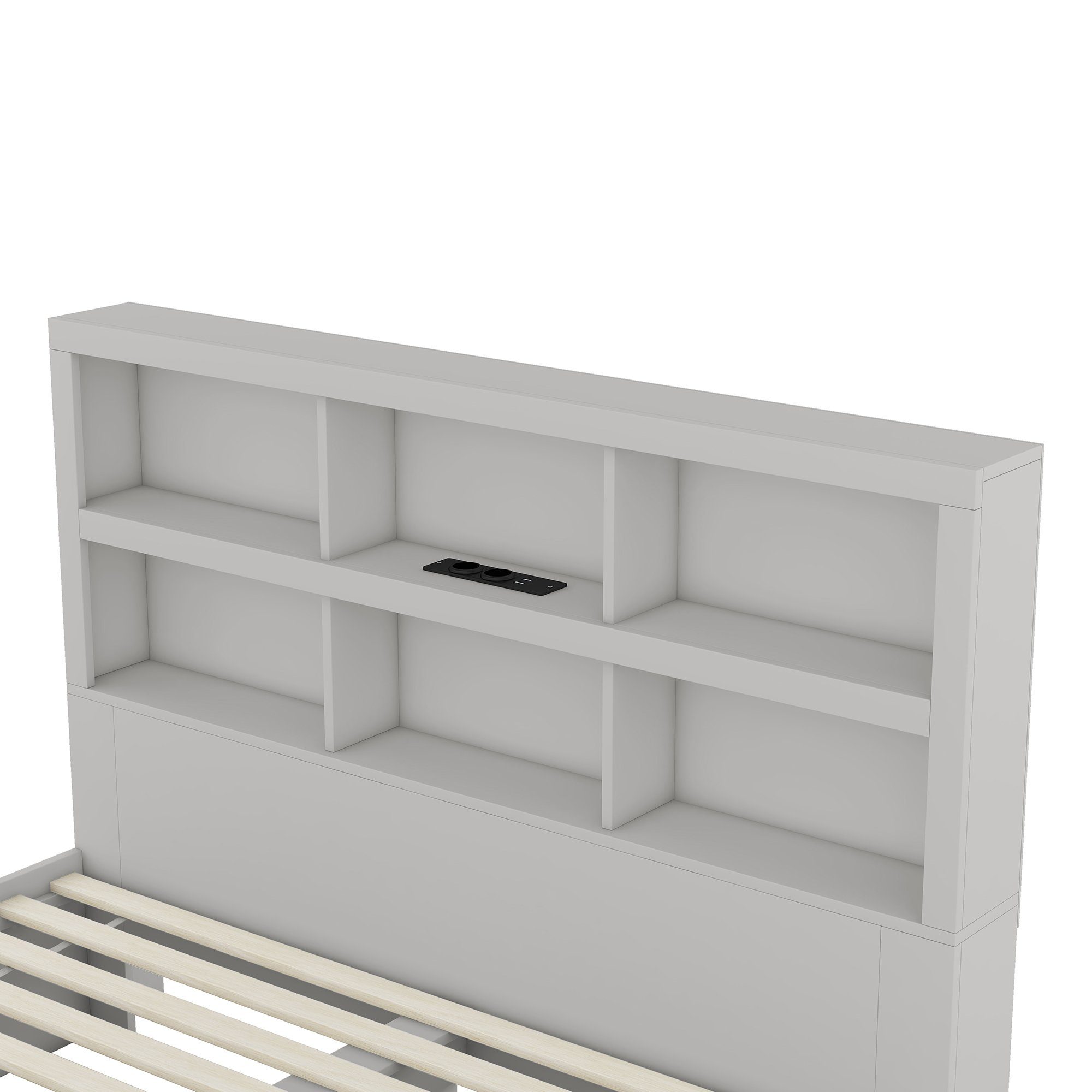 Merax Holzbett 160x200cm mit 6 Fächern und 2 Schubladen, Doppelbett Kingsize mit USB-Anschluss, aus Massivholz