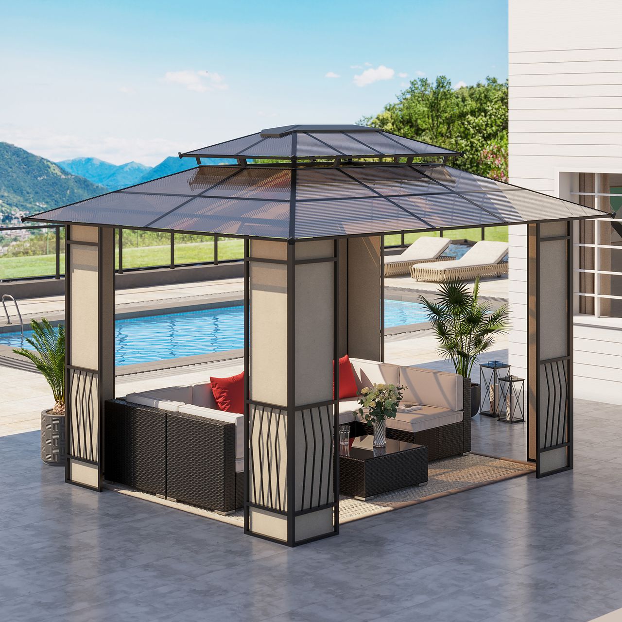 Outsunny Gartenpavillon Pavillon mit Sonnendach aus Polycarbonatplatten UV-Schutz wasserabweisend Robust Braun Hellgrau 3,65 x 3 x 2,75 m