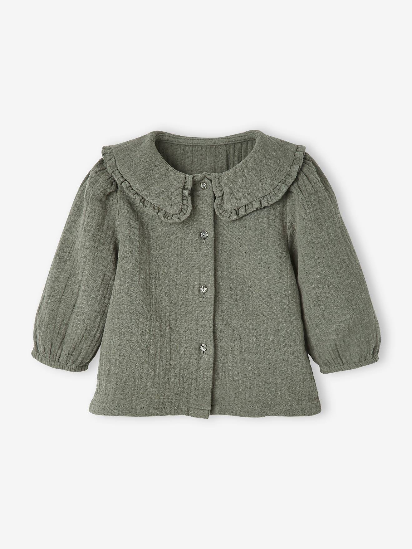 Blouse en gaze de coton bébé col fantaisie kaki