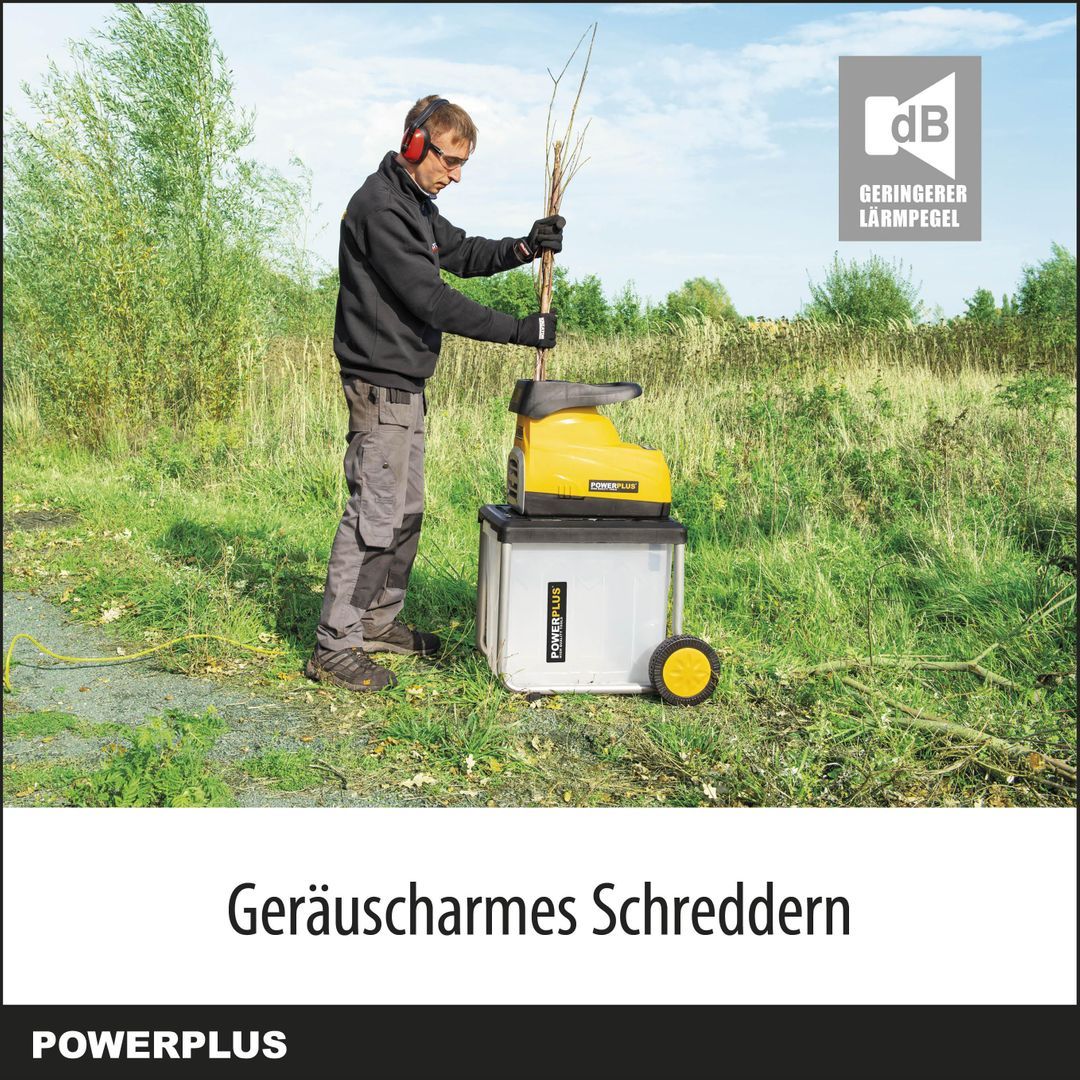 VARO Powerplus Elektro-Häcksler POWXG6462 - Gartenhäcksler 2800 W, Max. Ø45 mm, Schieber, Garten Häcksler Räder und 60 l Fangsack inbegriffen, Gartengeräte