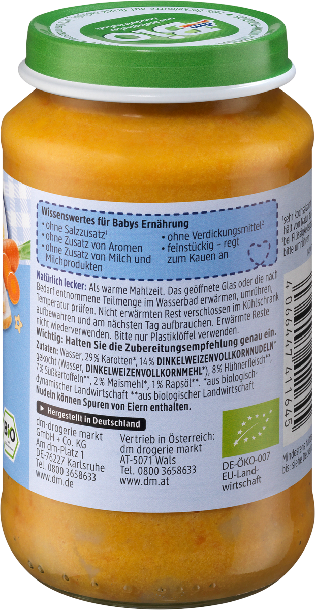 Menü Süßkartoffel-Karottengemüse mit Nudeln und Huhn, ab dem 8. Monat, 220 g