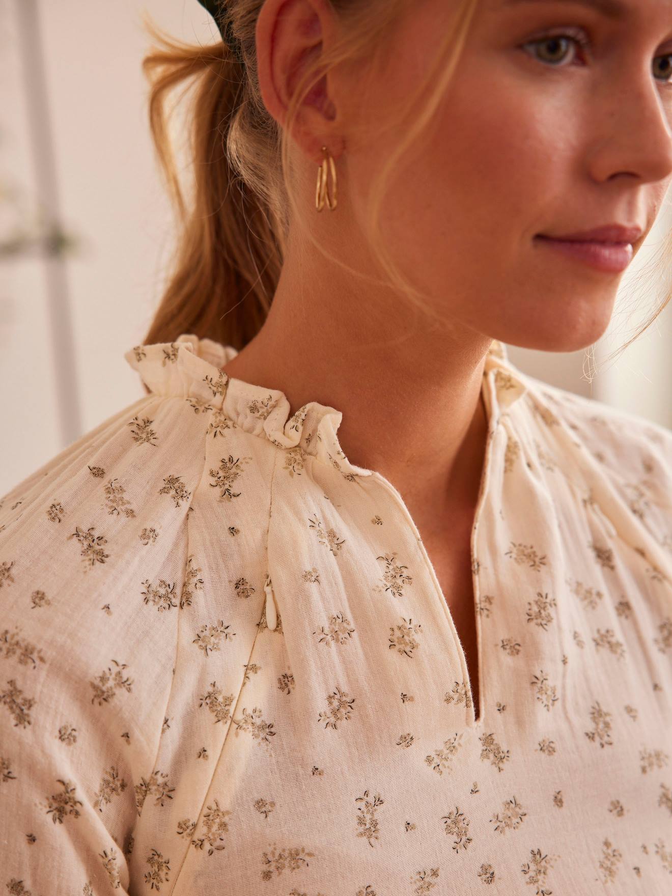Blouse gaze de coton imprimé grossesse et allaitement blanc imprimé