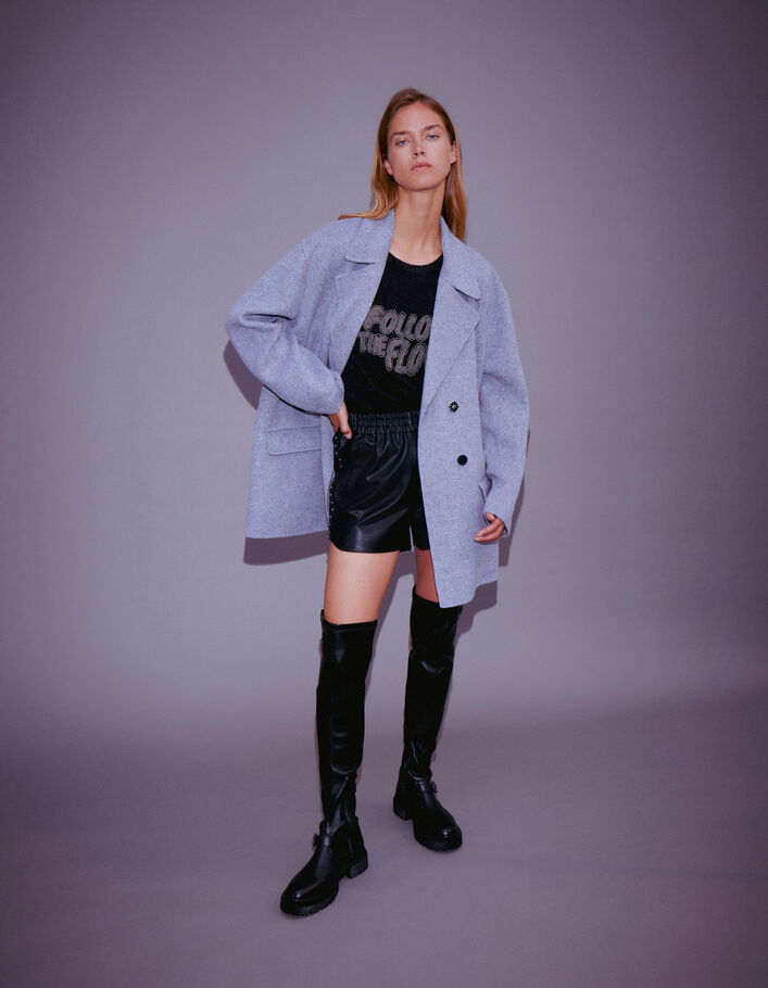 Manteau gris mi-long avec bijou strass Femme