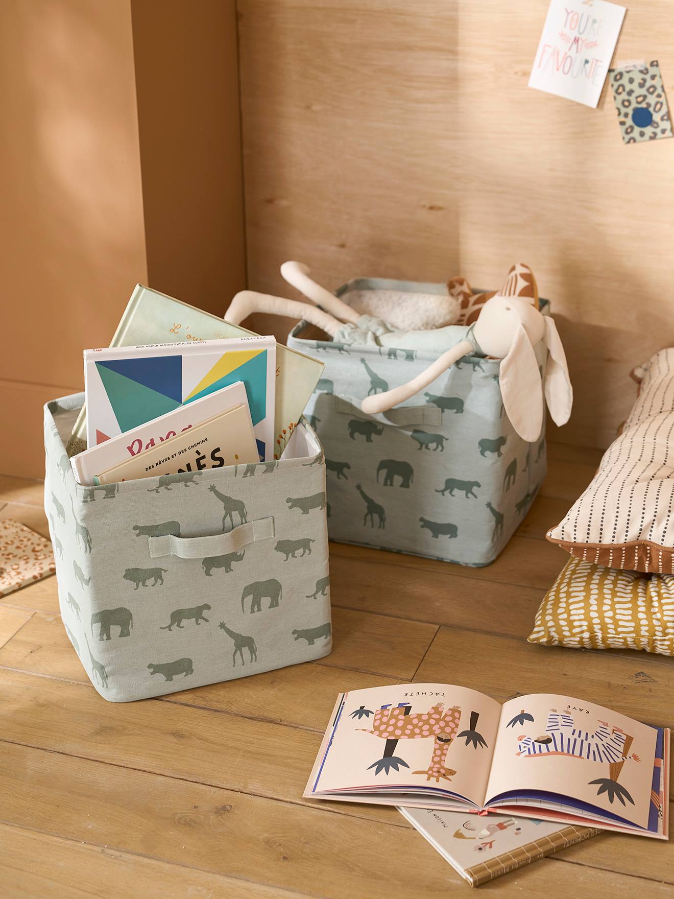 Vertbaudet 2er-Pack Kinderzimmer Aufbewahrungsboxen - grün/savannentiere