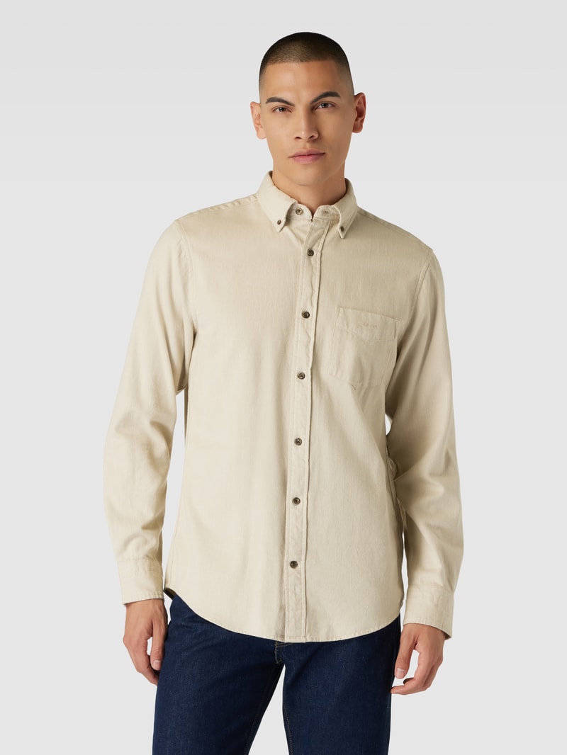 Regular Fit Freizeithemd mit Label-Stitching Modell 'HERRINGBONE' in stein