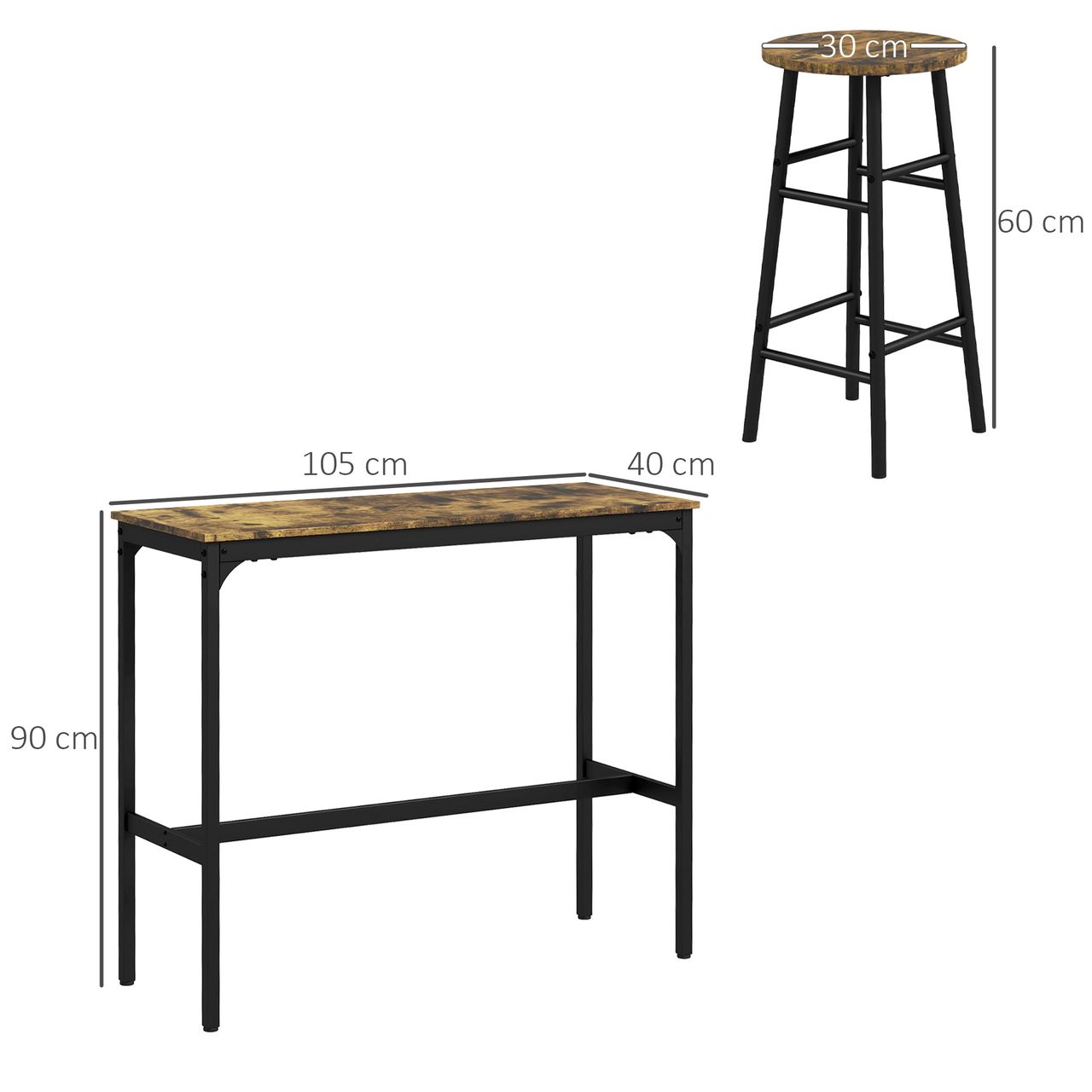 HOMCOM Bartisch-Set 3tlg. Bartisch mit Barhocker Set Essgruppe im Industriestil