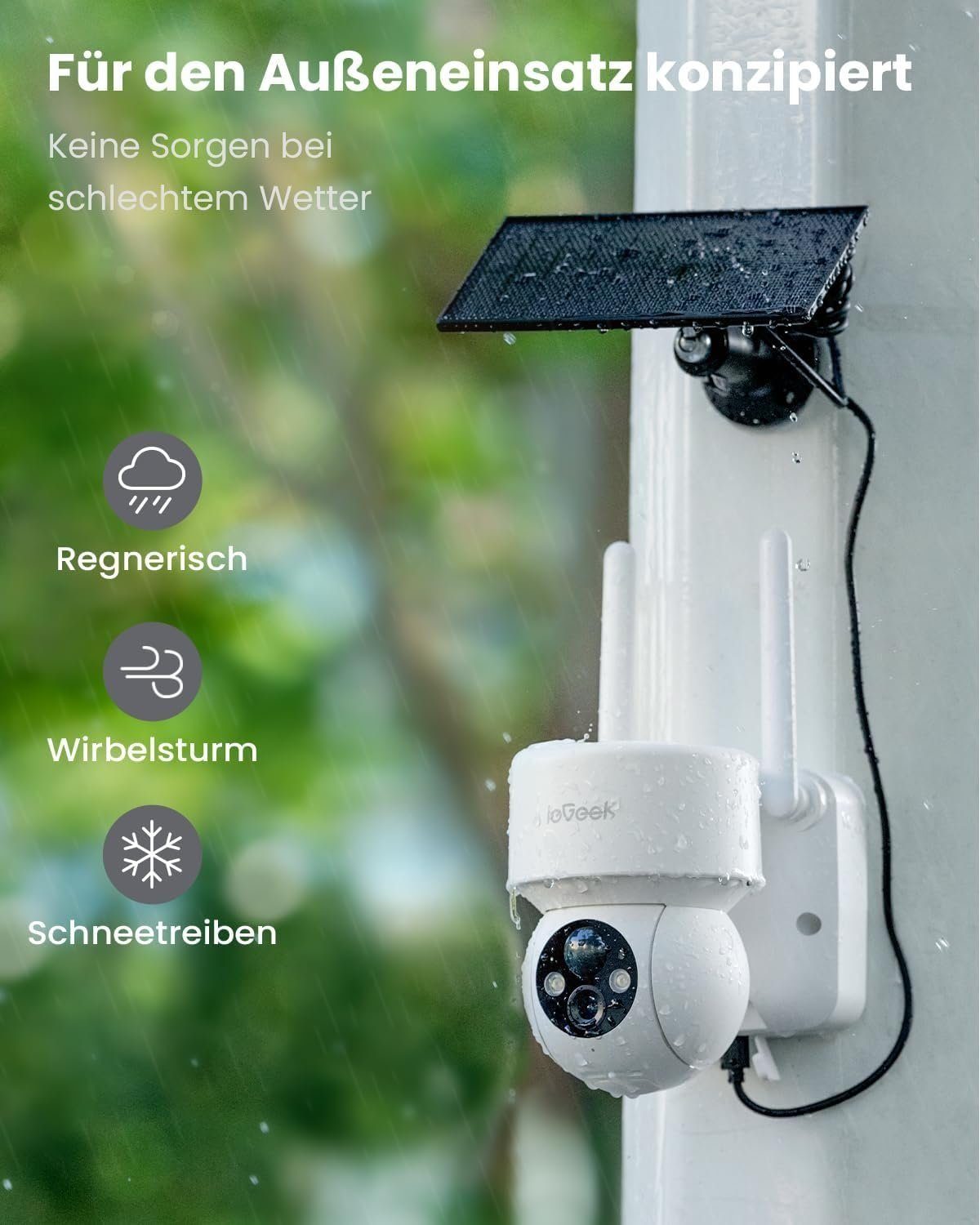 ieGeek 2K Solar Überwachungskamera Aussen Akku PTZ 355°/120° mit SD Karte Überwachungskamera (Aussen Außen Außenbereic Innenbereich, Sirene/Lichtalarm, Videoverlauf, Multi-User-Sharing, 3dBi Dual-WiFi-Antennen,Intelligente Erkennung und sofortiger Al