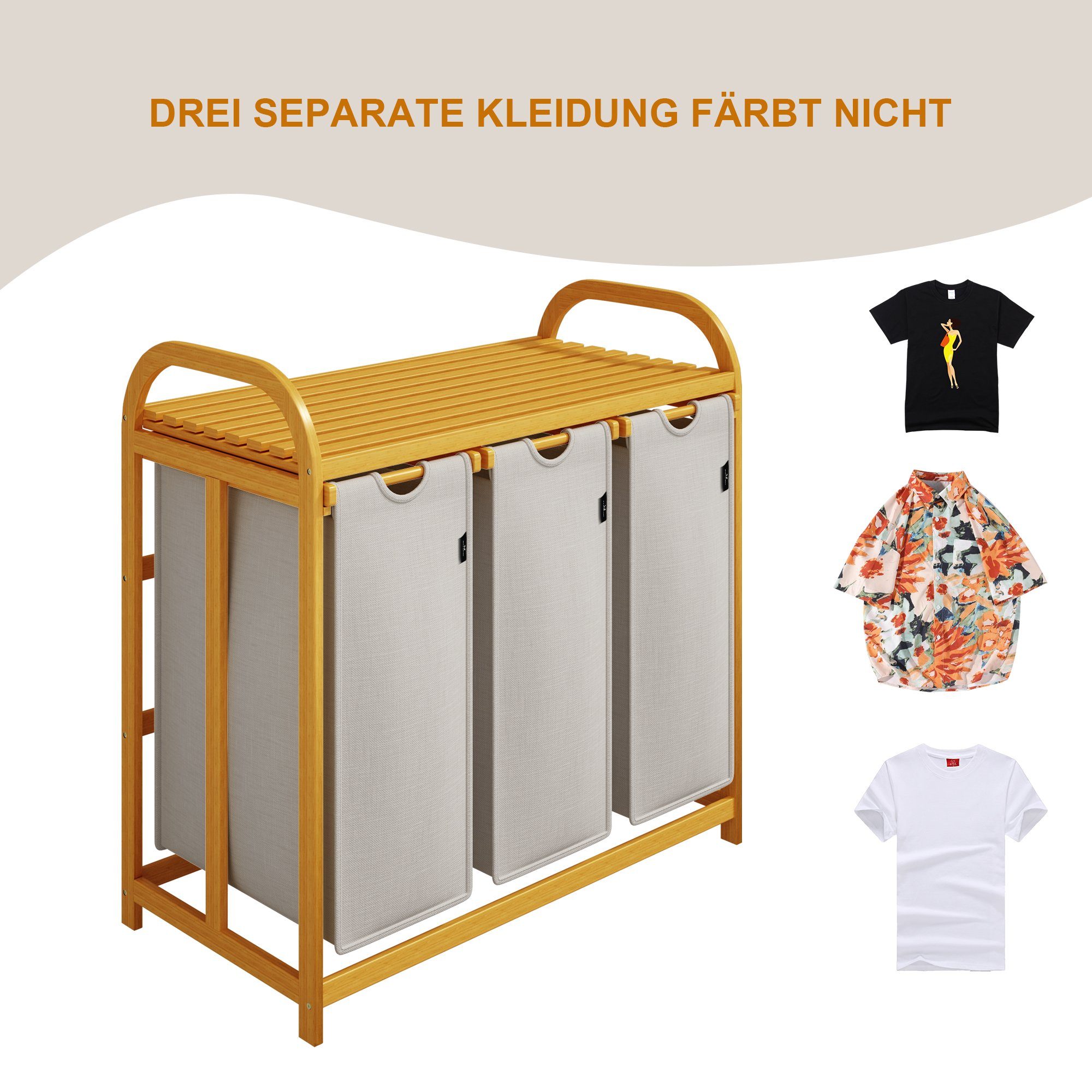 AdelDream Wäschekorb Wäschekörbe mit Bambusrahmen, 150 l, 3 Fächer
