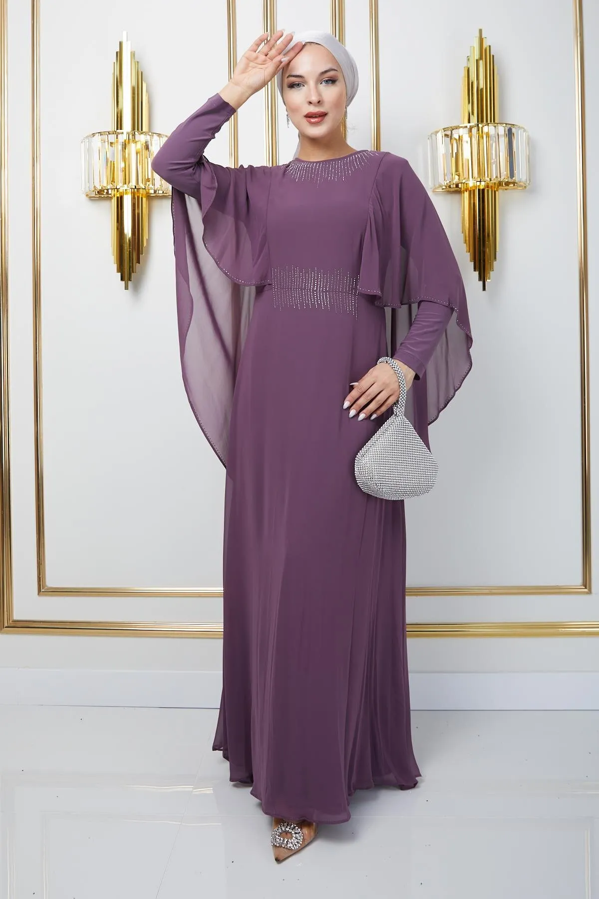 Olcay  Chiffon-Hijab-Abendkleid mit Stein- und Umhangdetails LILA 1650