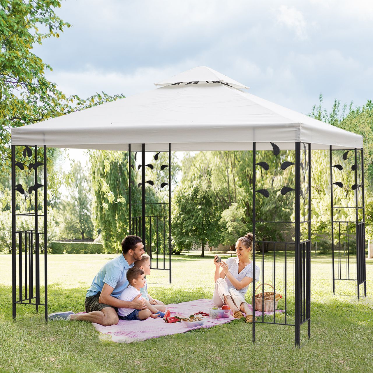 Outsunny Gartenpavillon Pavillon 2,95 x 2,95 m Doppeldach Stahl Polyester Creme