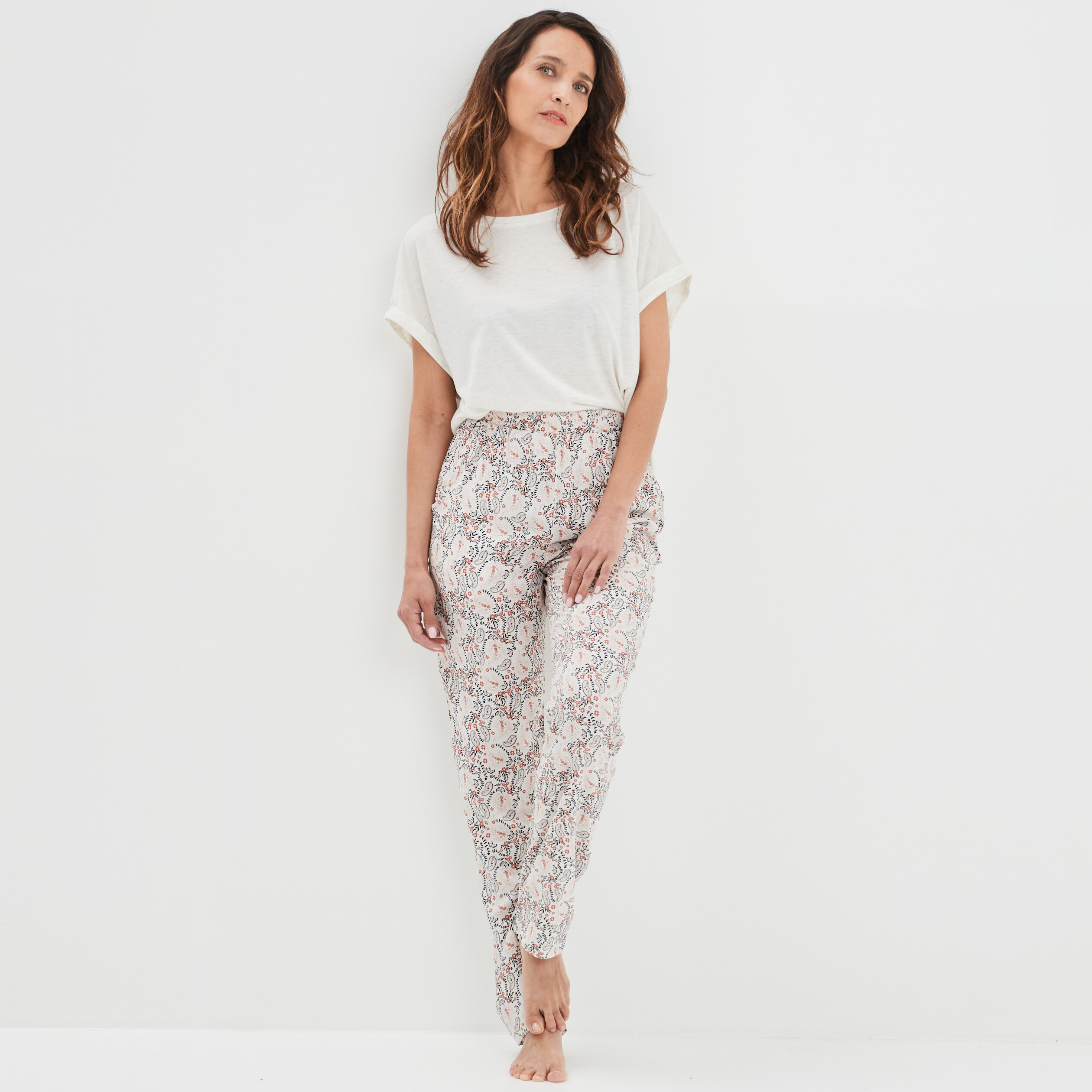 Pantalon de pyjama fluide taille haute beige femme | La Halle