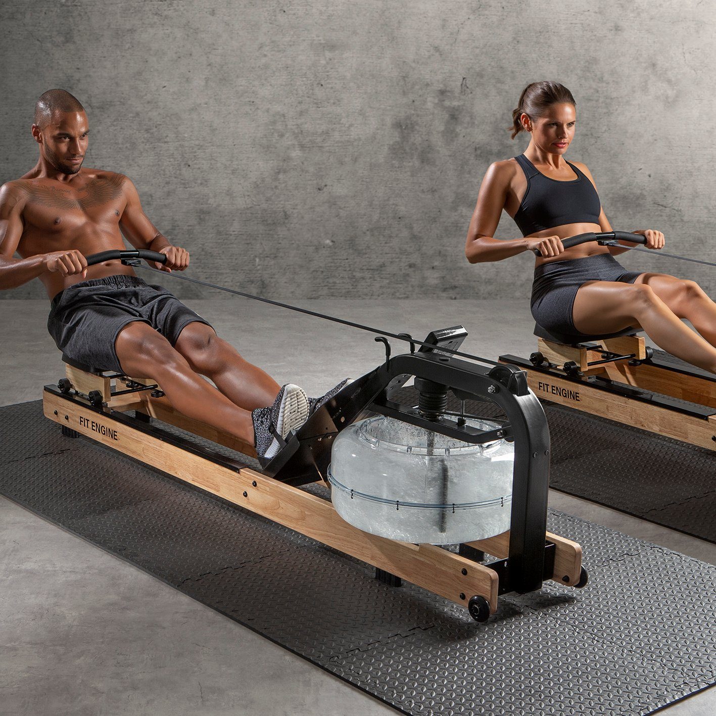 FitEngine Rudergerät Wasserwiderstand 210cm Echtholz LCD-Display, regulierbarer Widerstand