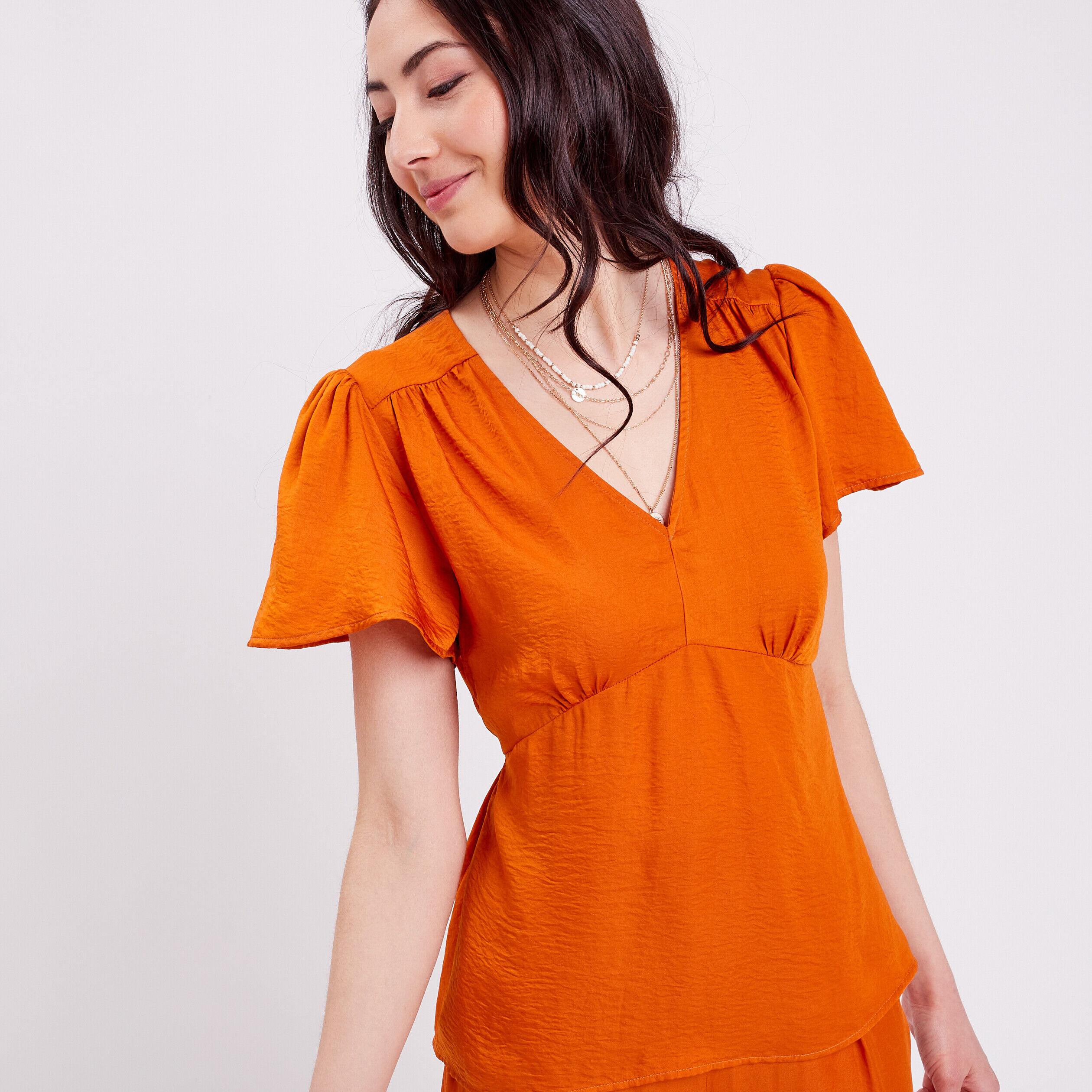 Blouse manches courtes satin orange femme | Cache Cache