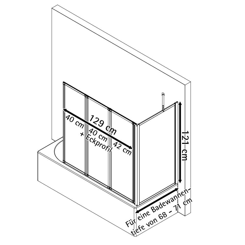 Schulte Badewannenaufsatz Smart BxH: 127 x 121 cm, 3-tlg. + Festelement, 3 mm Sicherheitsglas, zum Kleben - ohne Bohren in die Fliese, inkl. Klebe-Montage-Set