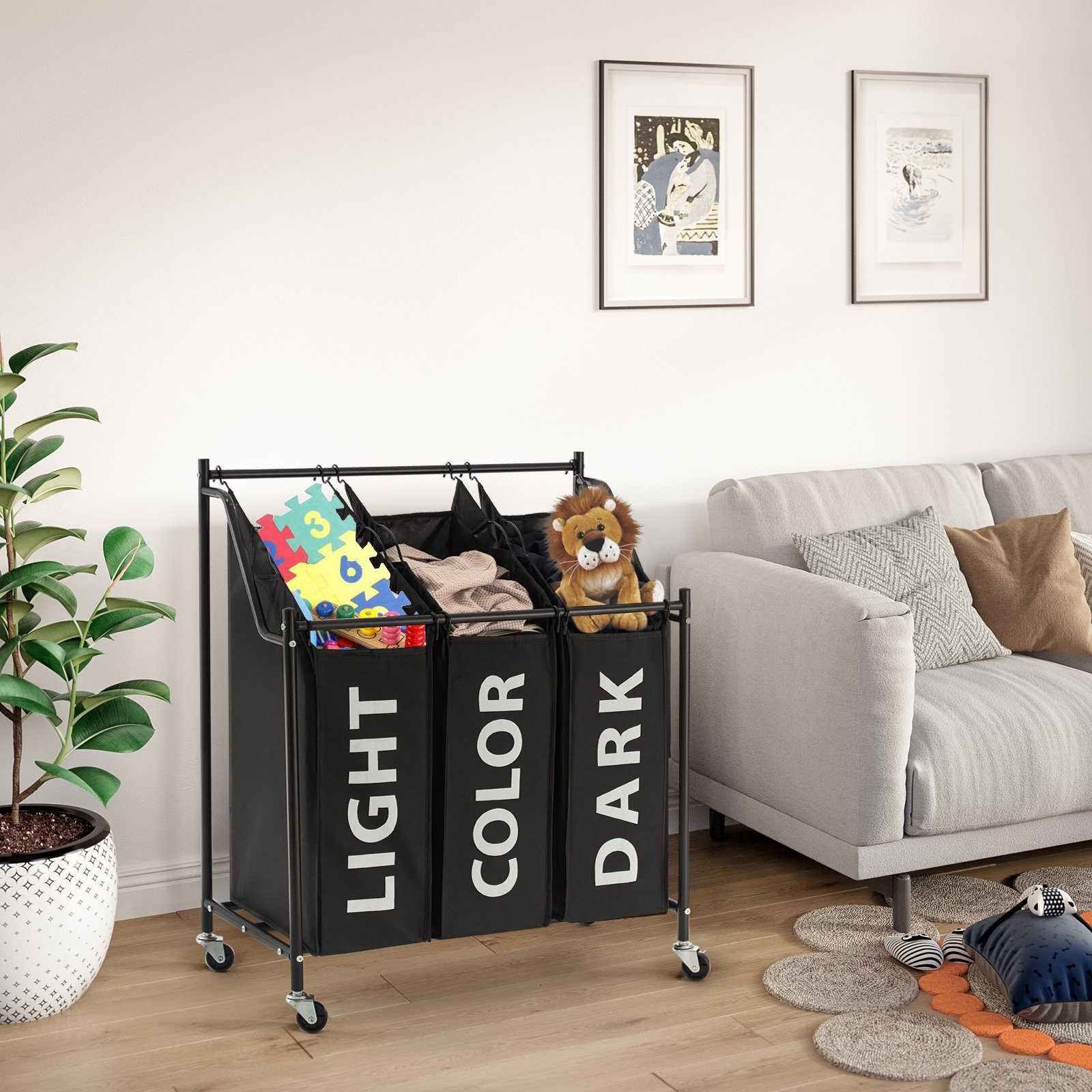 Mondeer Wäschekorb Wäschesortierer, Wäschesammler, 3 Fächer, 3 abnehmbaren Stofftaschen, mit Rollen, 74 x 38.5 x 79