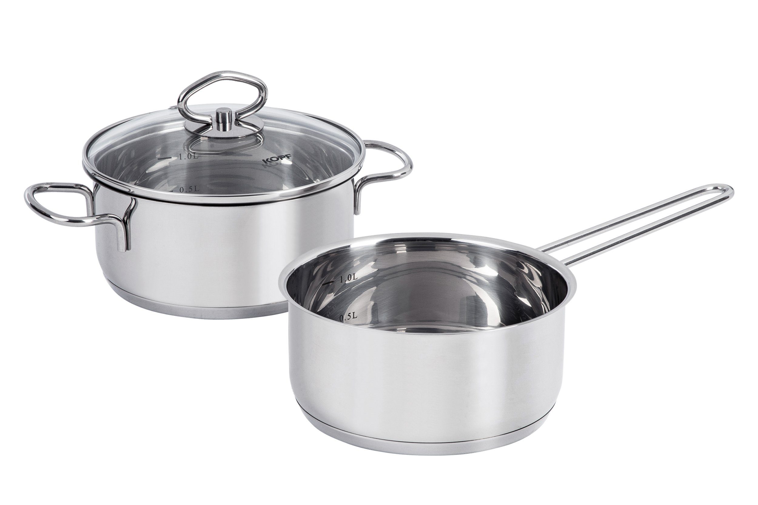 Kopf Topf-Set Merkur 6-tlg, Edelstahl (6-tlg), Induktion, mit Schüttrand, Literskala und Glasdeckel