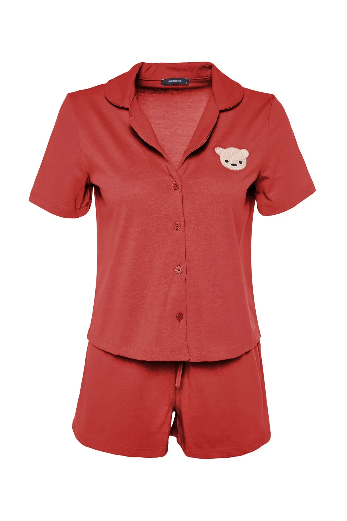 Trendyol Collection  Zimtfarbenes Pyjama-Set aus Hemd und Shorts aus 100 % Baumwolle mit Teddybär-Stickerei THMSS23PT00012