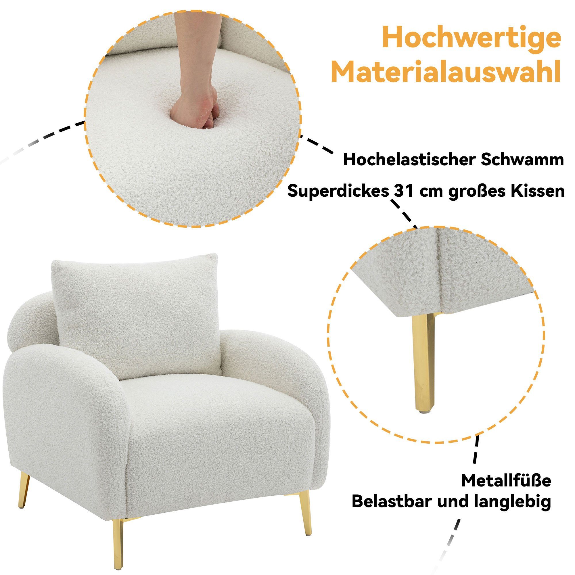 REDOM Sessel Loungesessel Polstersessel Armlehnensessel, mit Kissen (Moderner und schlichter Teddy-Samtstuhl, mit breiter Sitzfläche und tiefer Sitzfläche, roségoldene Sofabeine), extra großer Einzelsessel