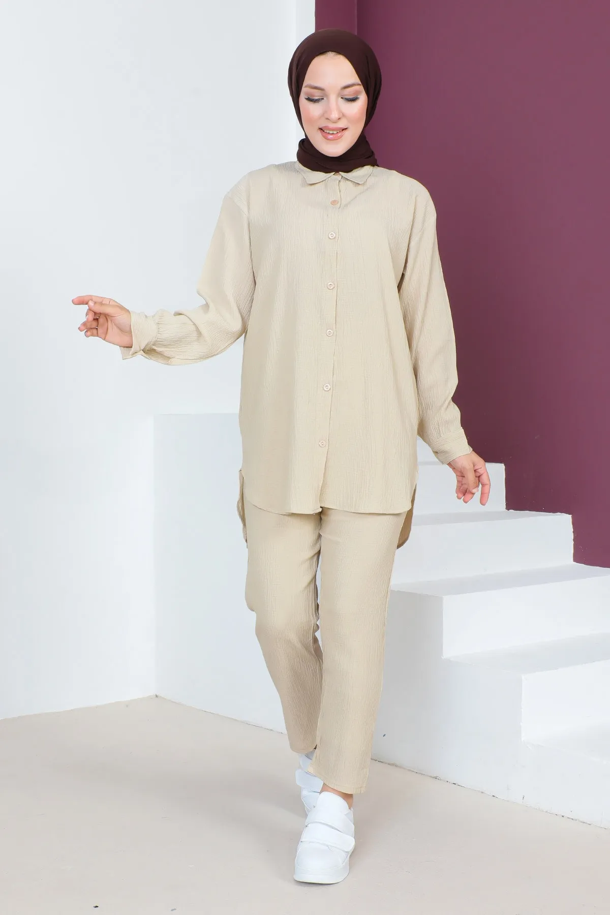 Tesettür Dünyası  Geknöpfter Doppelanzug TSD230632 Beige