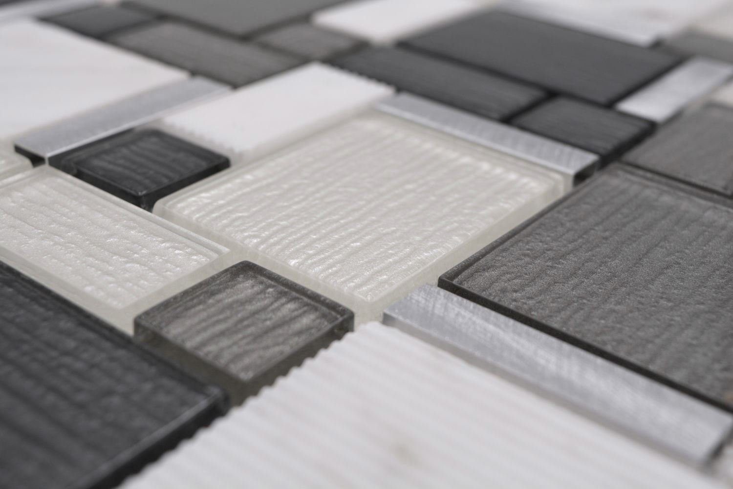 Mosani Mosaikfliesen Glasmosaik Naturstein Mosaik weiß grau glänzend / 10 Matten