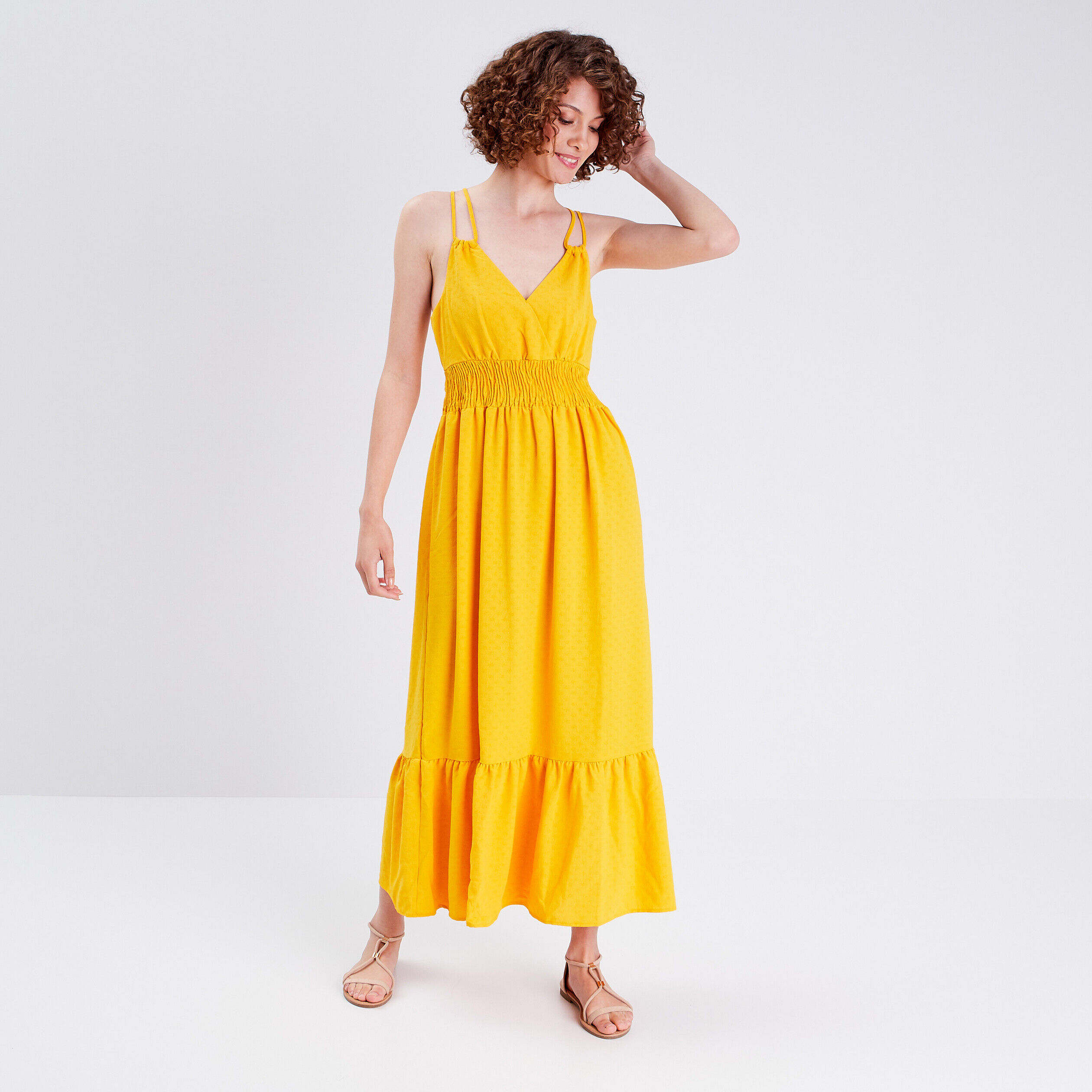 Robe longue évasée jaune foncé femme | Cache Cache