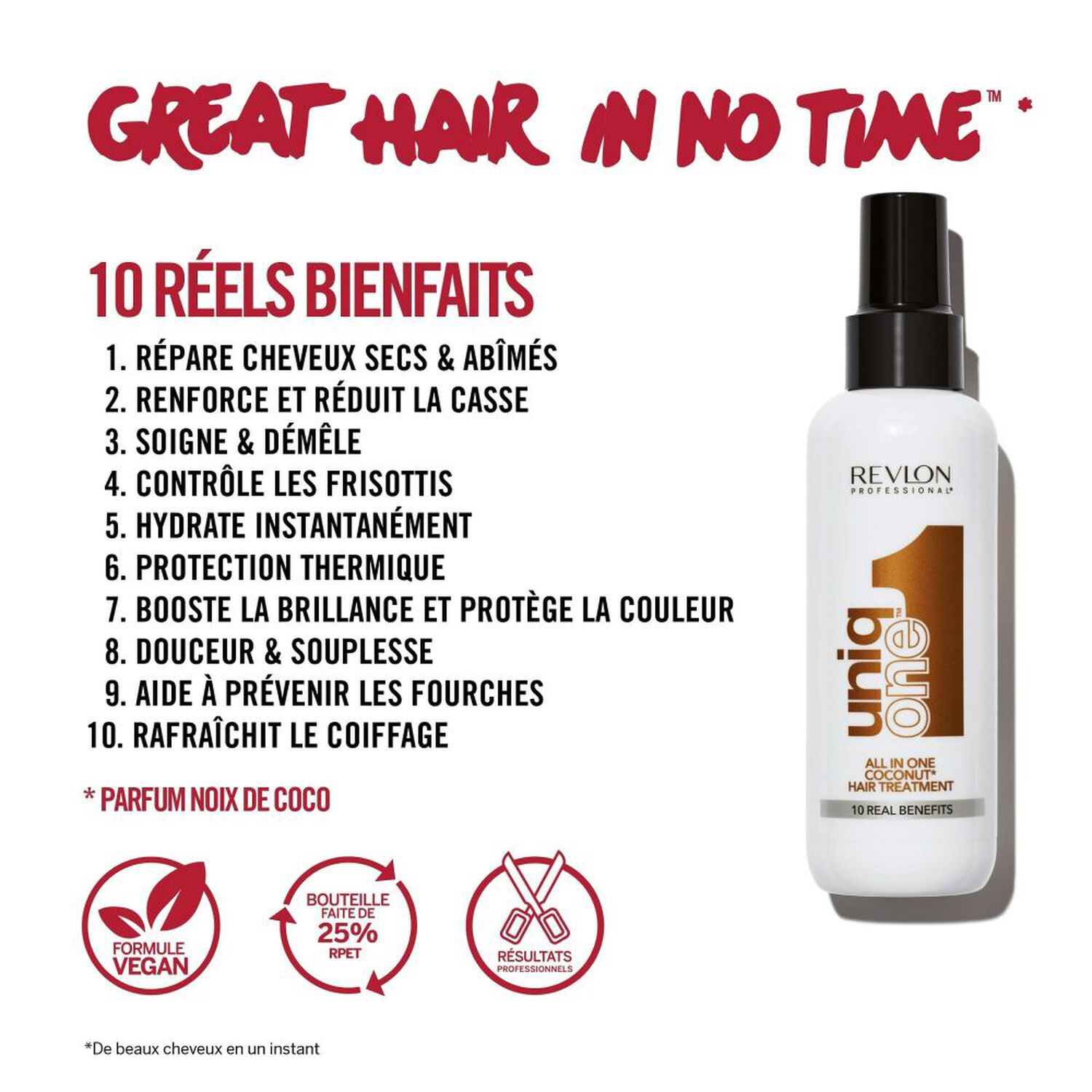 revlon professional Masque Spray Sans Rinçage 10 Bienfaits Coco UNIQONE™ - Tous Types de Cheveux - 150 ml