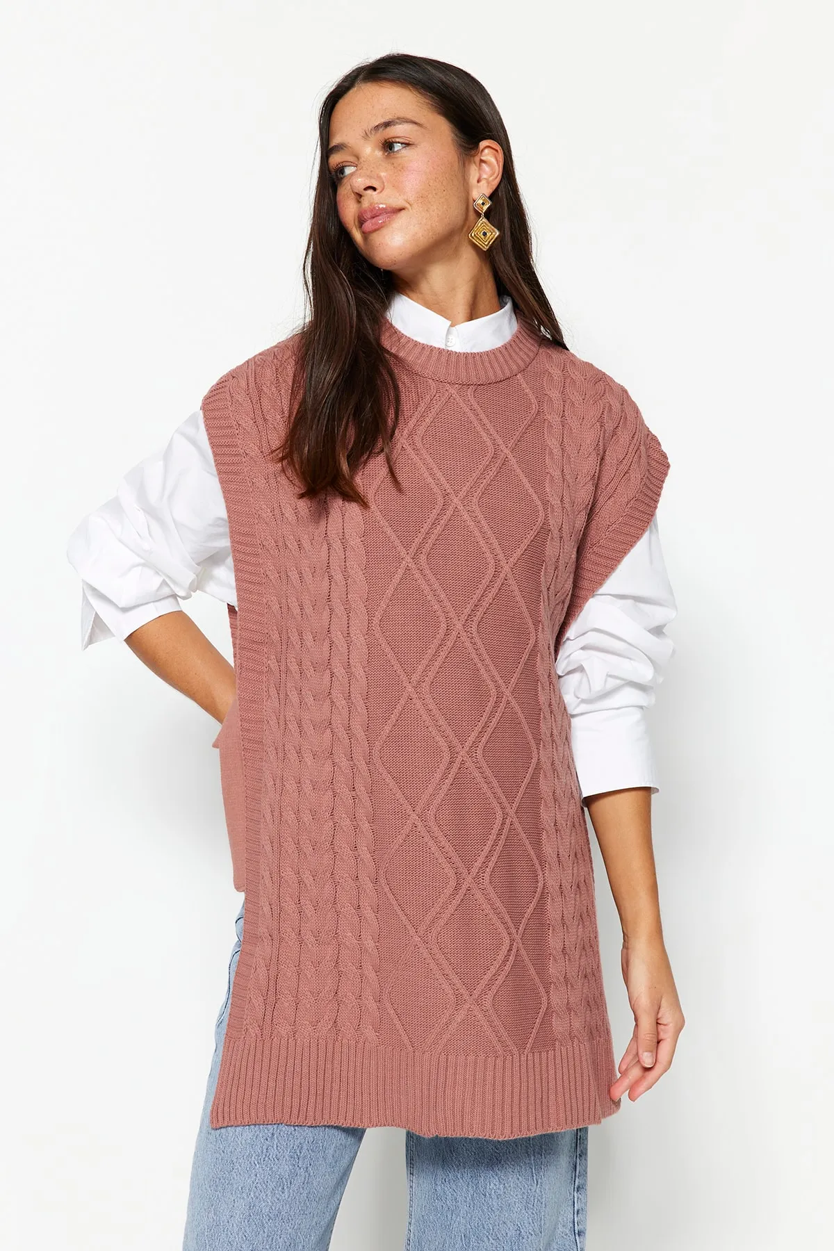 Trendyol Modest  Dusty Rose geflochtener Strickpullover zum Binden an der Taille TCTAW22UV0018