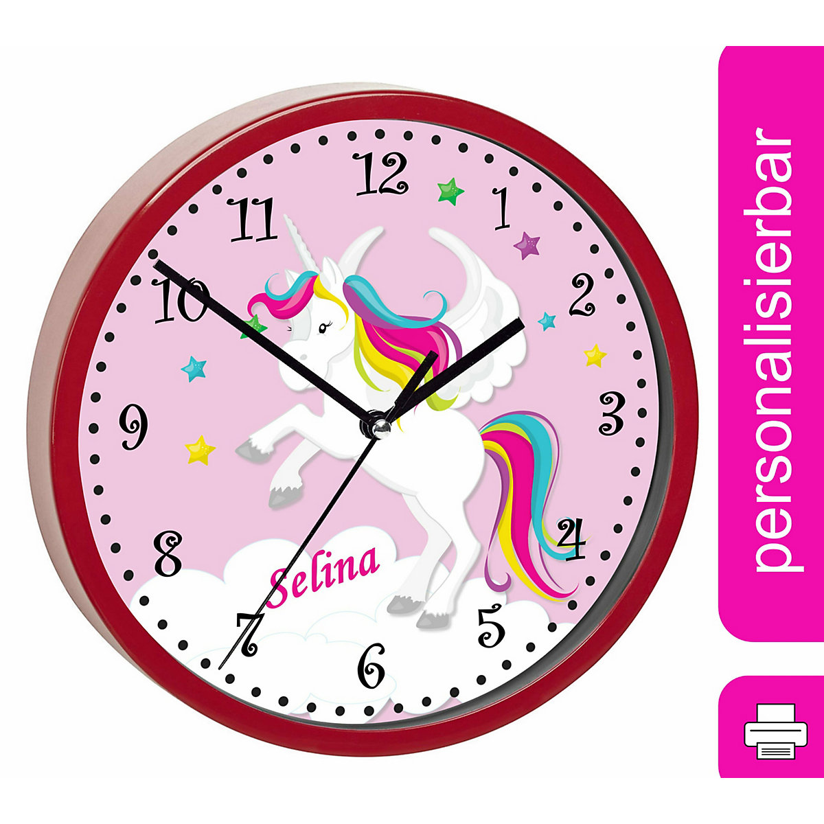 Kinder Wanduhr personalisiert mit Name Pegasus Rosa