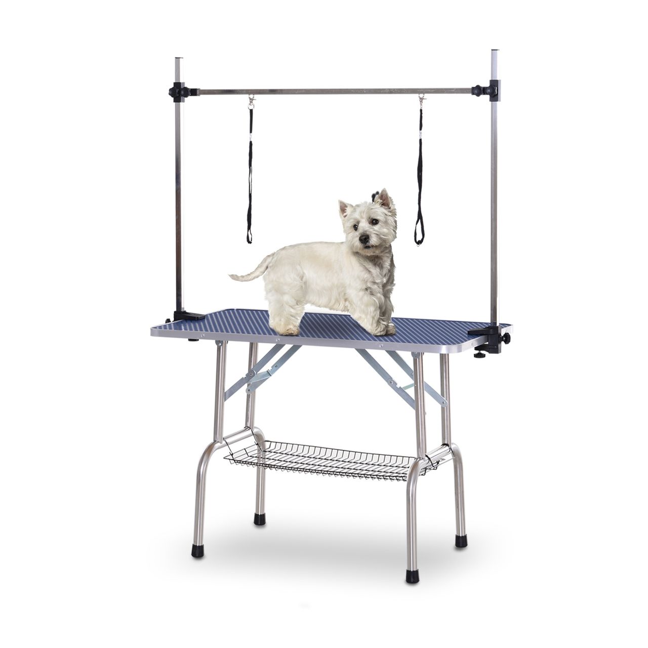 PawHut Trimmtisch Tierpflegetisch Schertisch Pflegetisch mit Unterkorb für Hunde höhenverstellbar klappbar Edelstahl Metall Blau 107 x 60 x 170 cm