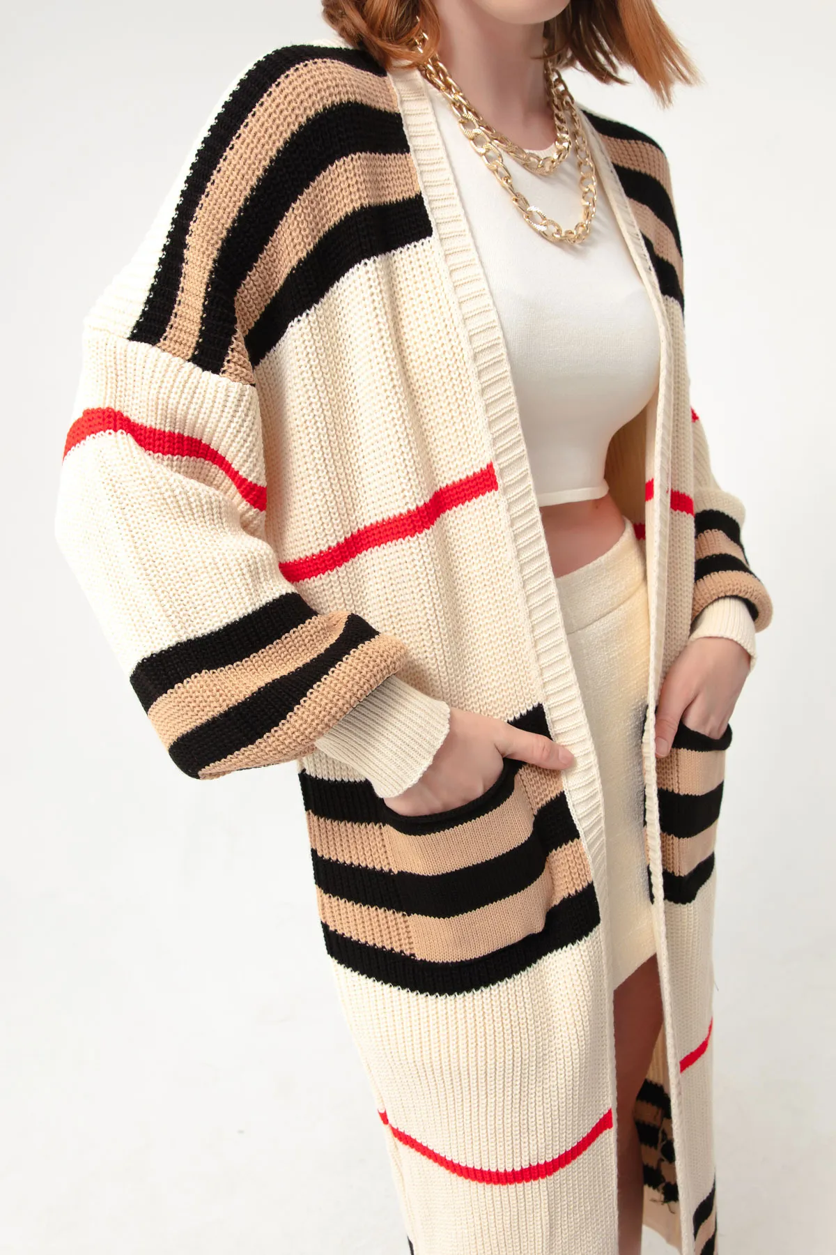 Lafaba  Beige-brauner, langer Strick-Cardigan mit Ballonärmeln für Damen