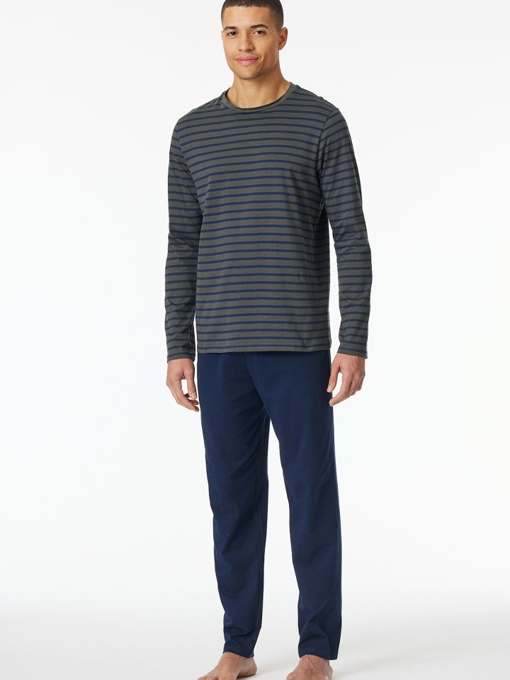 Schiesser Pyjama Schlafanzug lang - Casual Essentials in Anthrazit, Blau günstig kaufen