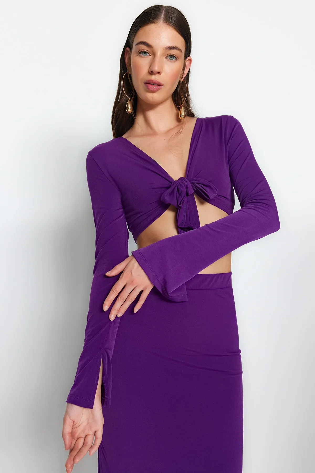 Trendyol Collection  Lila Super Crop und Midi Flexible Strickoberteil und -unterteil Set TWOAW24AU00070